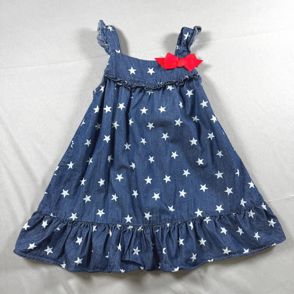 Wonder Kids Girls 3T Blue Denim Star Print Ruffle Dress Red Bow Western